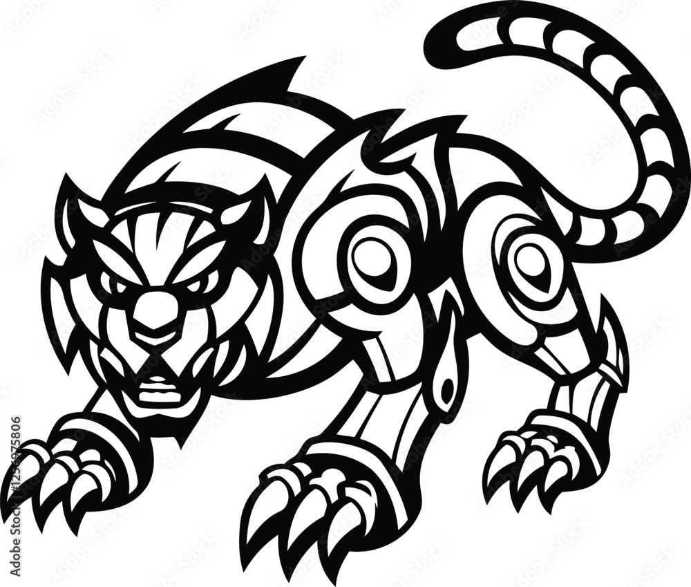 Poster modern robotic tiger in a fierce crouching pose isolated vector icon, robotic tiger in a fierce crou