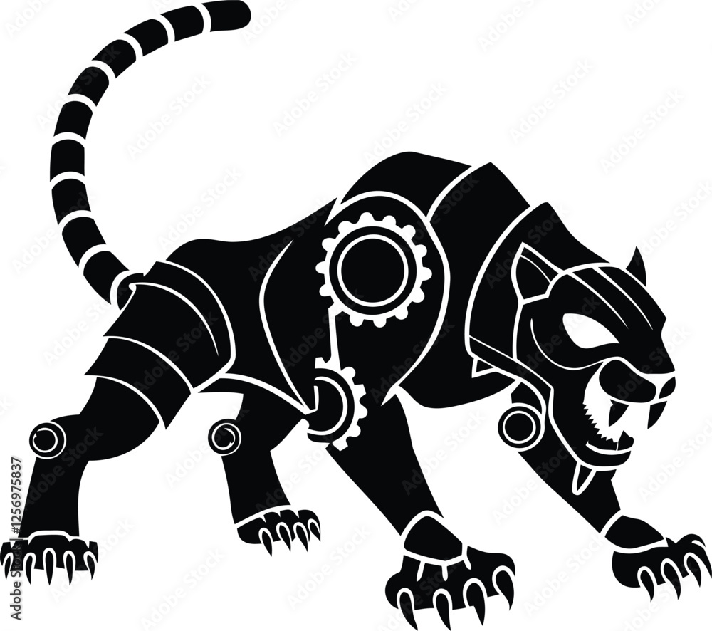 Poster modern robotic tiger in a fierce crouching pose isolated vector icon, robotic tiger in a fierce crou