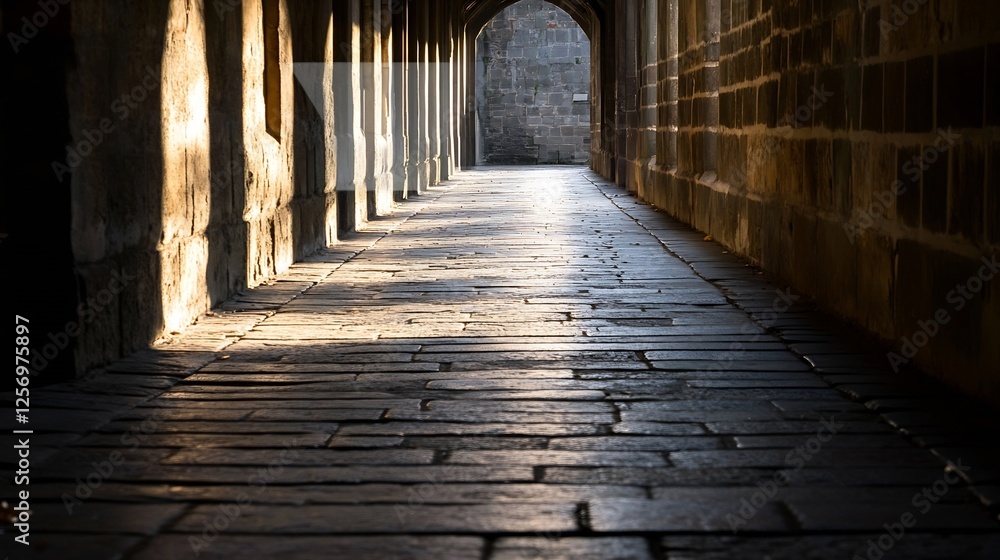 Aufkleber Illuminated ancient stone passageway creating an intriguing play of light and shadow : Generative AI
