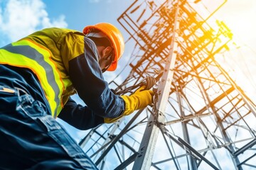 Worker in Safety Gear Performing Maintenance on High Voltage Power Line