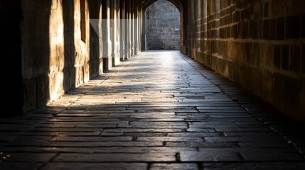 Illuminated ancient stone passageway creating an intriguing play of light and shadow : Generative AI