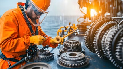 Offshore Engineer Carefully Examining Intricate Turbine Gears in Orange Protective Suit and Harness as Ocean Winds and Light Rain Blow Through an Open Hatch
