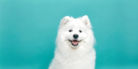 Fluffy White Samoyed Dog Smiling on Turquoise Background