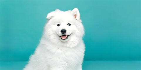 Fluffy White Samoyed Dog Smiling on Turquoise Background