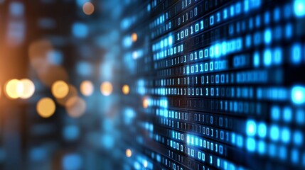 Abstract data visualization with glowing blue binary code in a digital environment : Generative AI