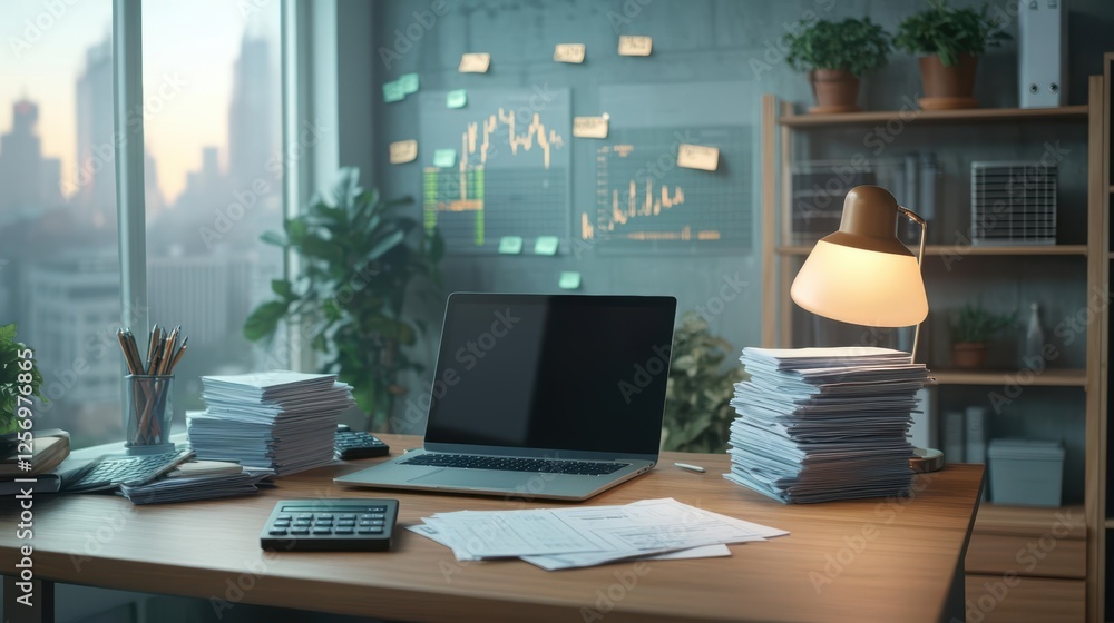 Aufkleber desk workspace with laptop smartphone and scattered papers on a clean surface for productivity and o