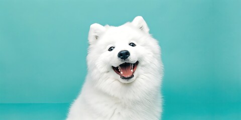 Fluffy White Samoyed Dog Smiling on Turquoise Background