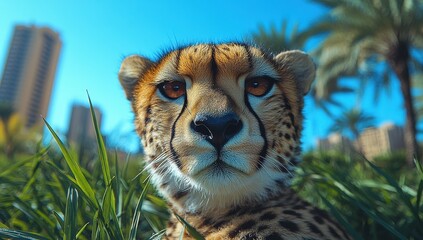Majestic cheetah sitting on tall grass in the African savanna, gazing into the distance.
