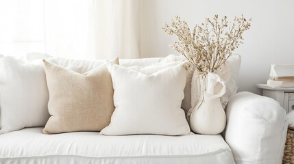 Stylish living room featuring neutral cushions and a decorative vase with dried flowers creating a cozy atmosphere : Generative AI