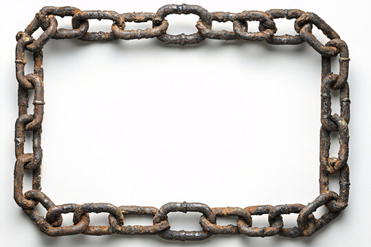 rusty metal chain frame on white background for industrial design and construction themes
