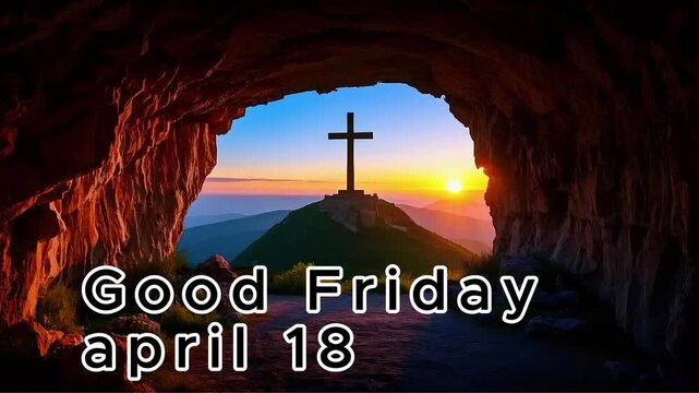 Good friday text animated Crucifixion Of Jesus Christ holiday Sunrise Cross On Hill 4k video cross on the rock