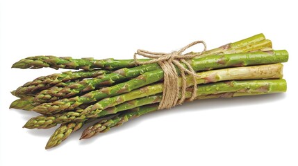 Freshly harvested asparagus tied with twine, showcasing vibrant green colors and water droplets
