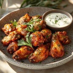 Spicy chicken wings, ranch dip, herbs, sunlit table, food photography