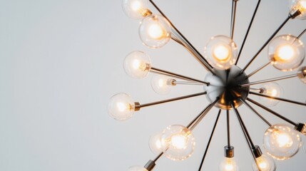 Obraz premium Modern chandelier, interior lighting, bright bulbs, home decor, white wall background