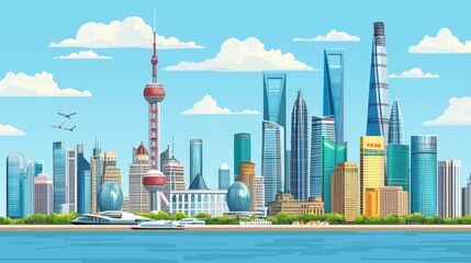 Obraz premium Vibrant Cityscape of Shanghai with Iconic Skyscrapers and Blue Sky in a Colorful Daytime Illustration