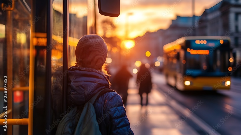 Poster transit commuter waiting for bus during sunset in urban city atmosphere : generative ai