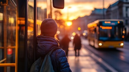 Transit commuter waiting for bus during sunset in urban city atmosphere : Generative AI
