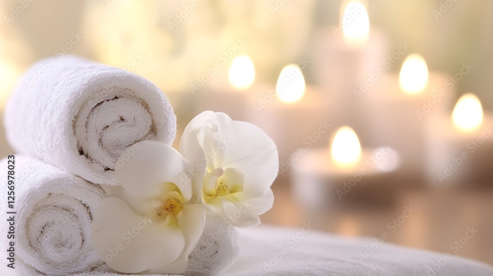 Poster elegant spa setup with rolled towels white orchids and soft candlelight ambiance : generative ai