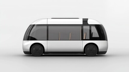 Modern electric shuttle, white, side view, against plain background.  Possible use Educational material, vehicle design portfolio