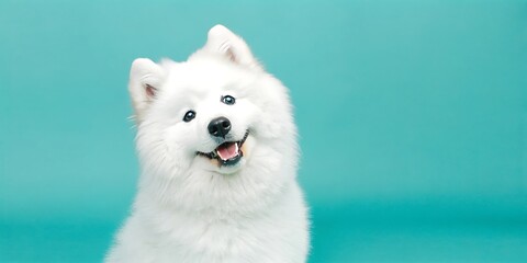 Fluffy White Samoyed Dog Smiling on Turquoise Background