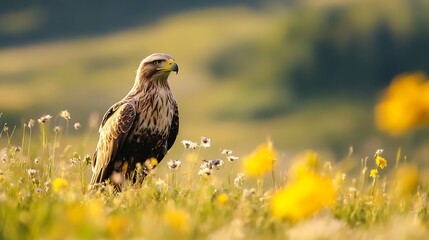 Fototapeta premium Stunning Portrait of a Hawk Perched Gracefully Among Vibrant Flowers in a Natural Meadow Setting : Generative AI