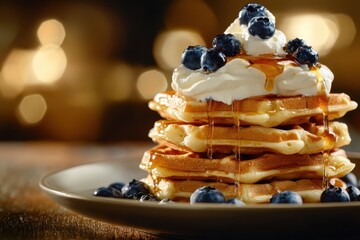 Delicious Stack of Homemade Pancakes with Berries and Sauce