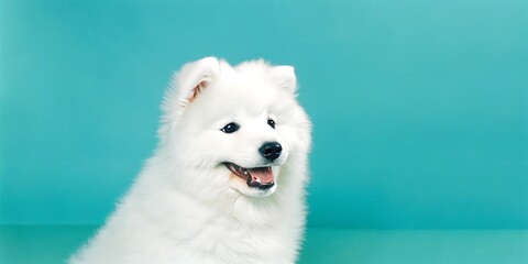 Fluffy White Samoyed Dog Smiling on Turquoise Background