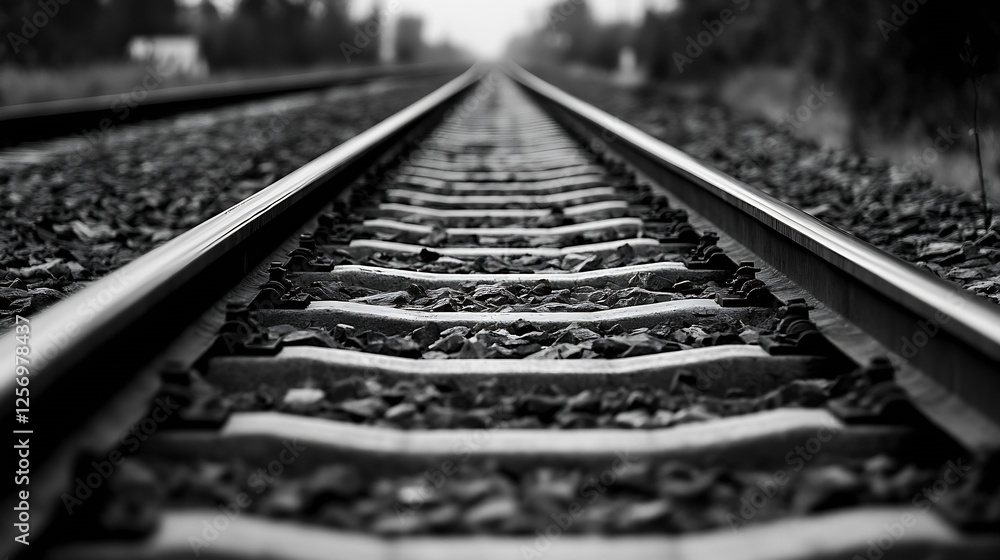 Poster black and white image of train tracks stretching into the distance : generative ai