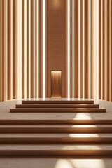 A minimalist stage design with a light wood and amber color palette, featuring a symmetrical composition of wooden slats and wide steps. The stage is bathed in soft sunlight