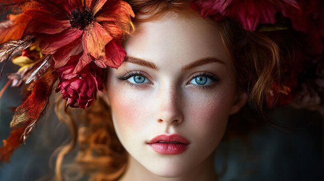 Beautiful redhead woman with blue eyes posing with a crown of fall flowers in a portrait - Powered by Adobe