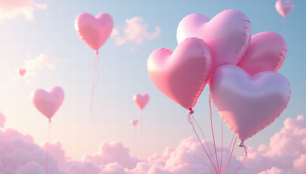Dreamy Pink Heart Balloons Floating in Pastel Sky