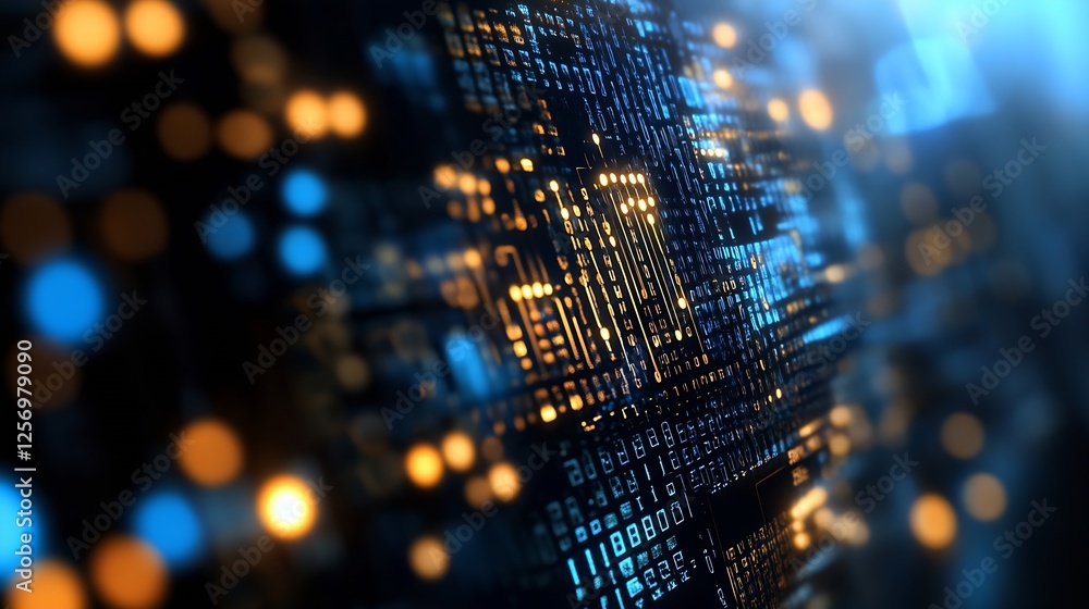 Leinwandbilder Abstract Digital Design Featuring Bright Neon Binary Code and Vibrant Light Patterns : Generative AI