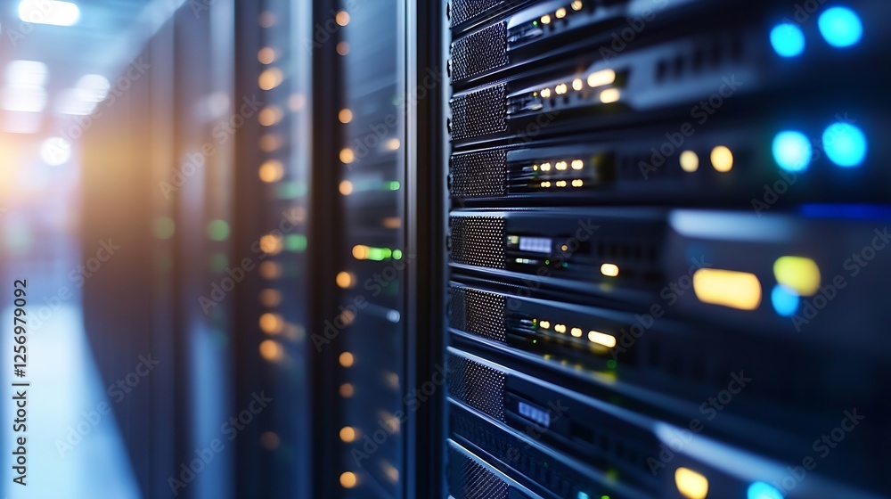 Aufkleber Hightech data center servers with blinking lights and modern design in a professional environment : Generative AI