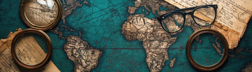 Antique map, magnifying glasses, spectacles, old letters; travel, exploration concept