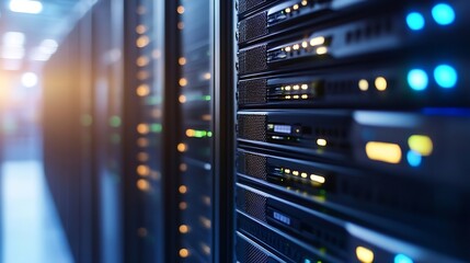 Hightech data center servers with blinking lights and modern design in a professional environment : Generative AI