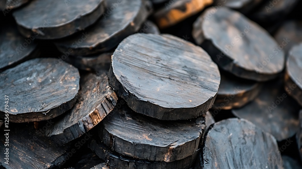 Aufkleber stack of charcoal burnt wood discs in natural environment : generative ai