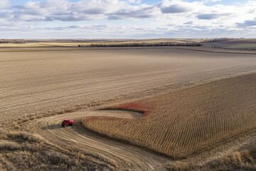 Obraz premium Tractor Working in Vast Agricultural Field Under Dramatic Sky