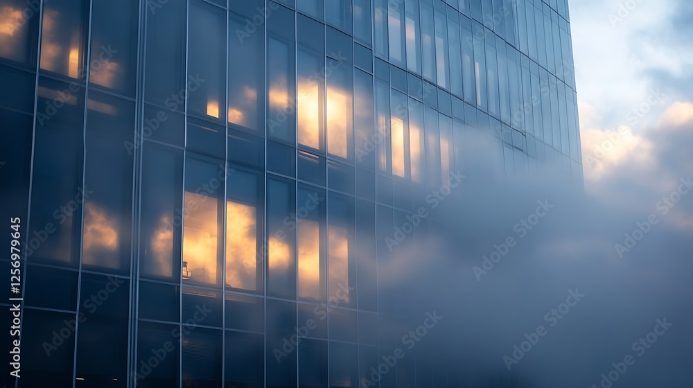 Poster reflection of sunset clouds in modern glass building with fog effects : generative ai