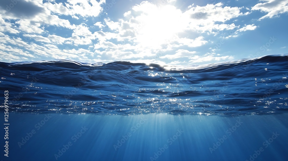 Aufkleber underwater view of sun glistening on ocean waves with cloud formations : generative ai