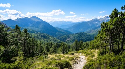 Fototapeta premium Breathtaking Mountain View Surrounded by Lush Pine Trees Under a Bright Blue Sky : Generative AI