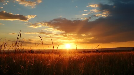 Golden sunshine breaking through clouds over lush grass fields at sunset : Generative AI