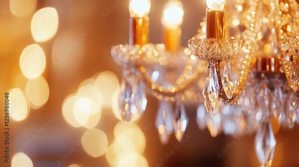 Aufkleber Stunning chandelier with sparkling crystals and warm bokeh lights for an elegant atmosphere : Generative AI
