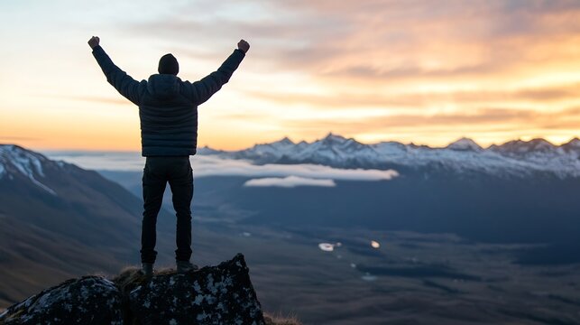 Man Celebrating Victory at Sunset on a Mountain Peak with Arms Raised High in Joyful Exuberance : Generative AI