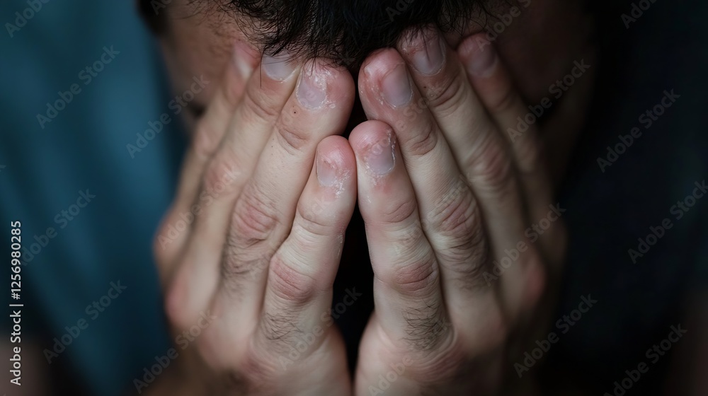 Poster Man with hands on face expressing emotion and deep reflection in a dimly lit room : Generative AI