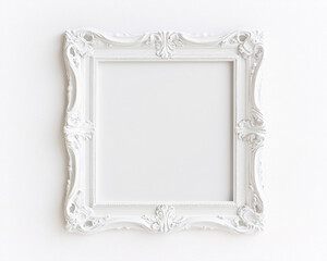 white ornate frame on white wall mockup for your design presentation