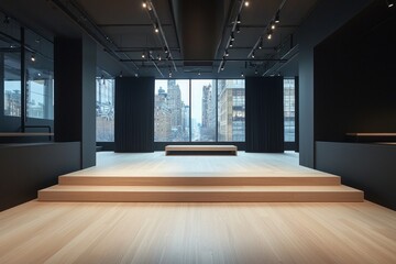 A modern, minimalist room with light wood panels and black walls. A city view through the windows, and a long table in front of it. 