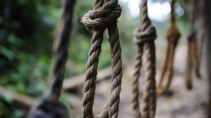 Macro view of thick ropes tied in various knots in a lush outdoor setting suggesting adventure and resilience : Generative AI