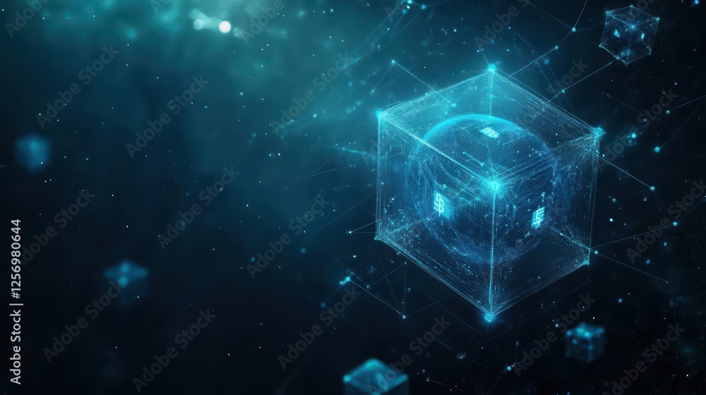 Fototapete cube with glowing blue light in the center on a dark background for abstract design concepts