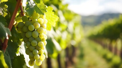 Bunch of fresh green grapes hanging on the vine surrounded by lush leaves in a vineyard : Generative AI