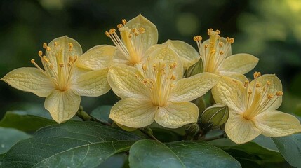 Fototapeta premium Four pale yellow flowers blooming, green foliage background, nature photography, website design